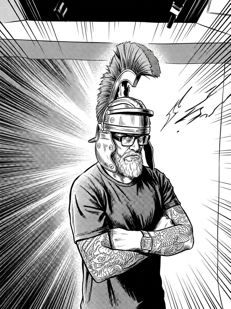 A comic-book drawing of Rob Linton in glasses and a plumed Roman helmet, arms folded across tattooed forearms, standing guard in a doorway with speed lines behind him.