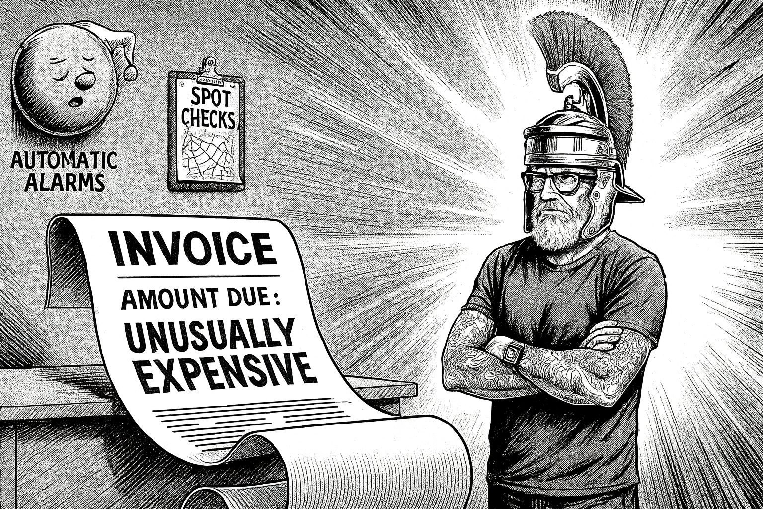 A black-and-white comic drawing of Rob Linton in glasses and a plumed Roman helmet, standing with his arms folded and staring down an enormous invoice that spills off a desk and reads “INVOICE. AMOUNT DUE: UNUSUALLY EXPENSIVE”. On the wall behind, a bell labelled “AUTOMATIC ALARMS” is fast asleep in a nightcap, and a clipboard labelled “SPOT CHECKS” is covered in cobwebs.