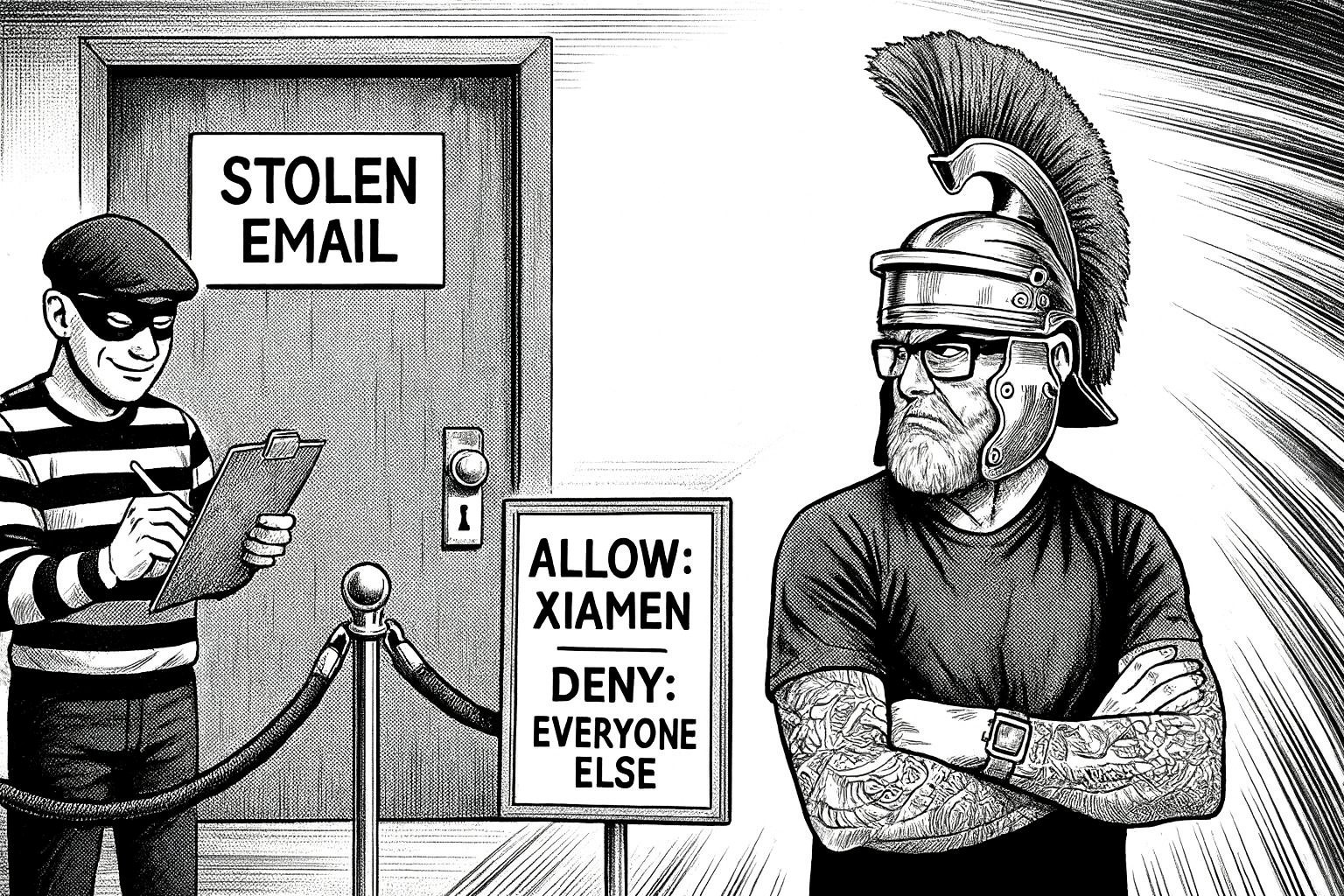 A black-and-white comic drawing: a cartoon burglar in a striped shirt and eye mask ticks a clipboard behind a velvet rope at a door marked “STOLEN EMAIL”, beside a sign reading “ALLOW: XIAMEN. DENY: EVERYONE ELSE”. Rob Linton, in glasses and a plumed Roman helmet, stands to one side with his arms folded, giving it an unimpressed sideways look.